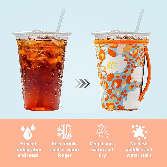 KJQJLY 3 Pack Reusable Iced Coffee Sleeves for Iced Coffee Cups or Drinks Reusable Neoprene Insulated Sleeves for Hot and Cold Drinks from Starbucks, Dunkin, And More (Summer Abstract Flower)