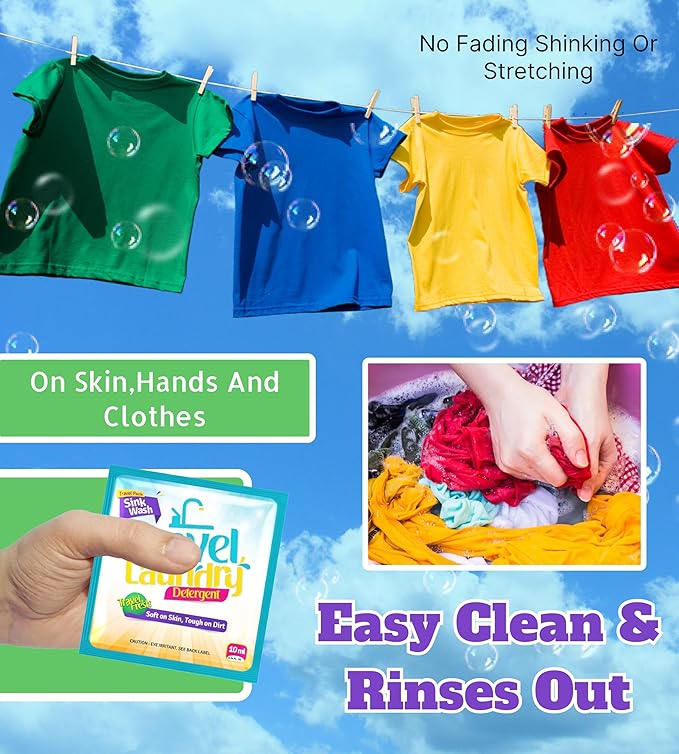TidyFriend Sink Travel Laundry Detergent 10 ml, 32 Pack Effective Travel Detergent Packets for Sink Washing, Lightweight Must Haves Laundry Essentials