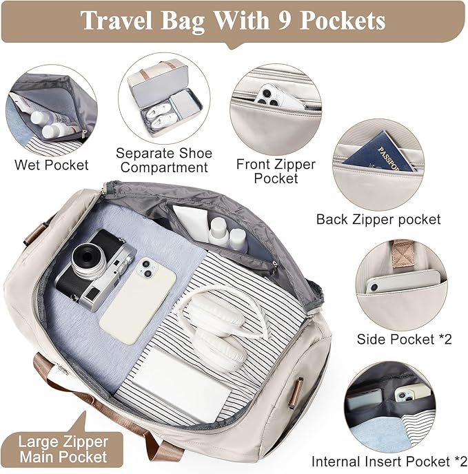 Travel Duffel Bag for Women, Carry-on Overnight Weekender Bags with Wet Pocket & Toiletry Bag, For Spirit Airlines 18x14x8 Personal Item Bag,Small,3 Pcs Set
