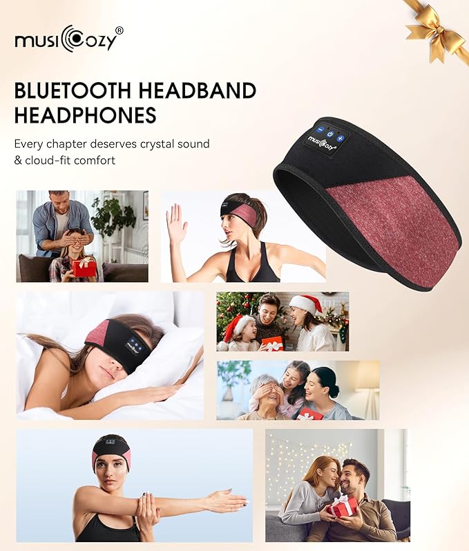 MUSICOZY Sleep Headphones Bluetooth 5.4 Headband, Wireless Earphones Music Sleep Earbuds Sleeping Eye Mask with HD Stereo Speakers for Workout Running Travel Yoga, Ideal Gifts (Red & Black)