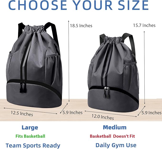 JELUTAR Drawstring Backpack Gym Bag with Shoes Compartment for Soccer, Basketball, Swim, Water-Resistant String Backpack Beach Cinch for Women Men, Dark Grey