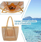 Iioscre Beach Bag for Women, Causal Hobo Pool Bags with Zipper Inner Pocket, Foldable Swim Tote Bag for Vacation Essentials