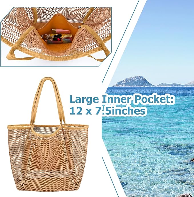 Iioscre Beach Bag for Women, Causal Hobo Pool Bags with Zipper Inner Pocket, Foldable Swim Tote Bag for Vacation Essentials