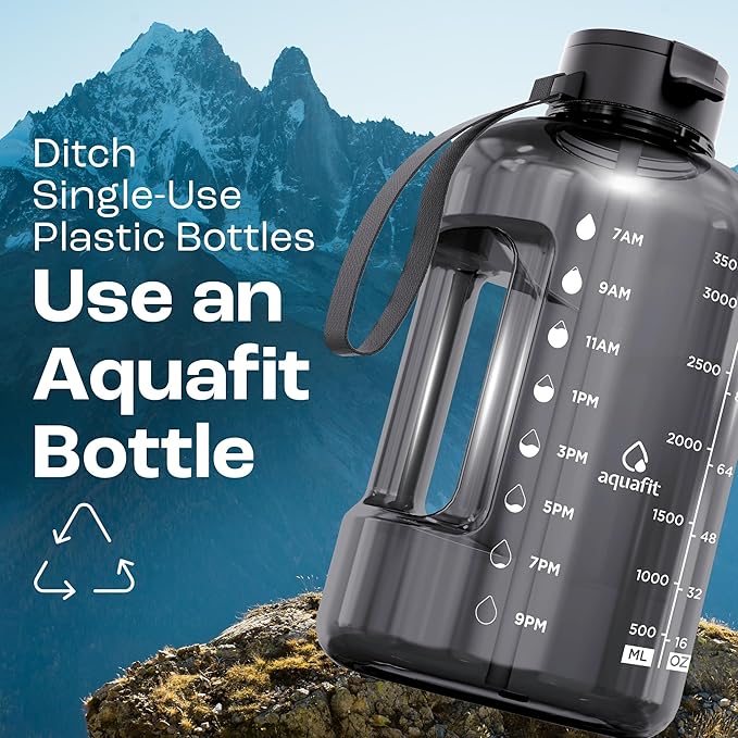 AQUAFIT 1 Gallon Water Bottle with Time Marker - Straw & Chug Lid - BPA Free Gym Water Bottle with Straw - Big Gallon Jug (Blue Skies, 128 oz - 2 Lids)