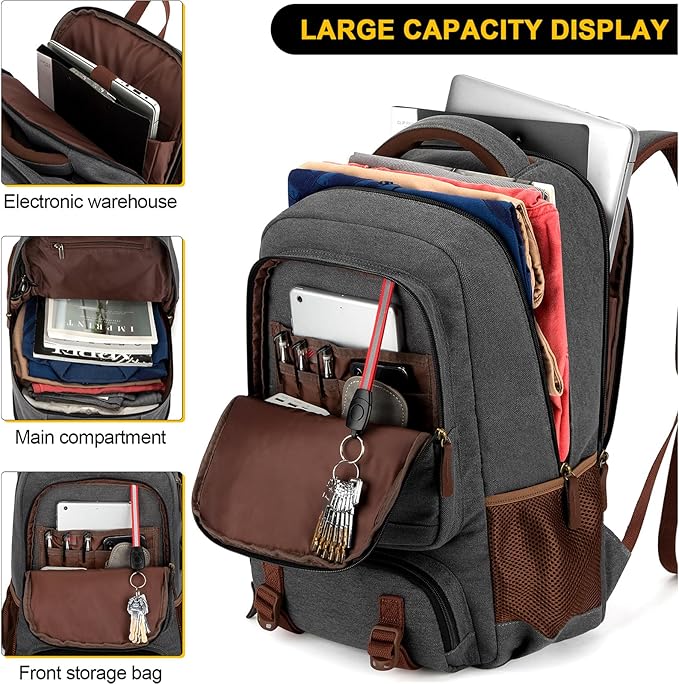 Tzowla Canvas Laptop Backpack, Bag for Men Women,Travel Work Rucksack Fits 15.6 Inch Laptop, Large Capacity Bookbag(Dark Grey)