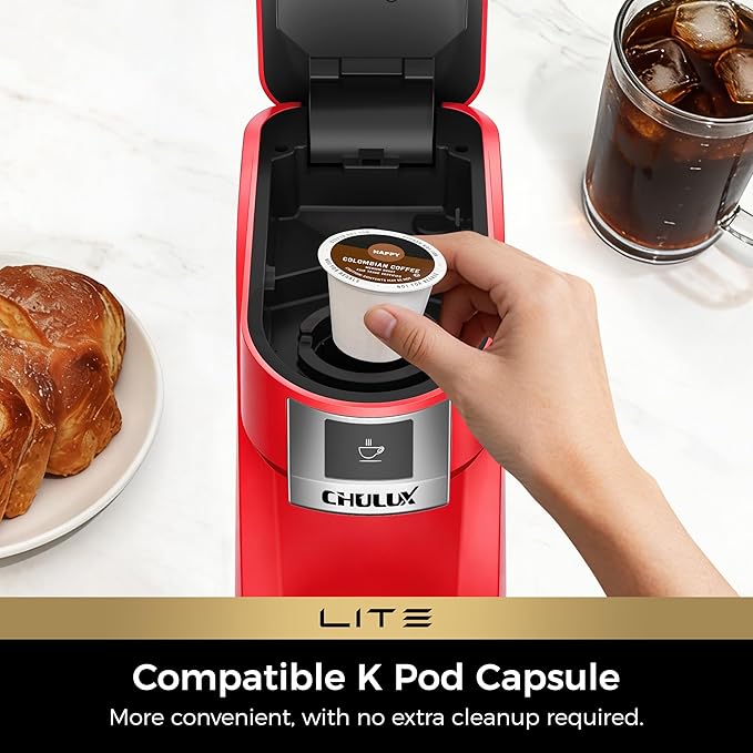CHULUX Lite Single Serve Coffee Maker for K Cup Capsules, Single Cup Reservoir Coffee Maker with One Touch Brewing, 5 to 12 Oz Brew Sizes, Designed Specifically for Standard Mugs, Red