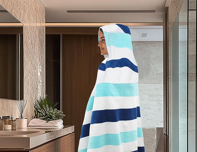COTTON CRAFT Hooded Beach Towel – Oversized 39 x 68 Towel with Hood for Adults - 100% Ringspun Cotton Velour Terry Towel - 450 GSM - Super Soft Plush Absorbent Quick Dry Bath Wrap – Cabana Stripe Blue