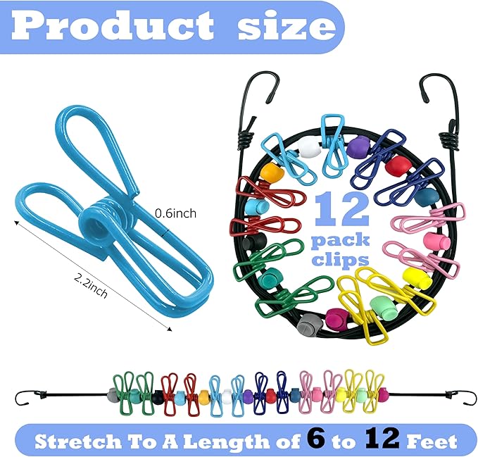 Portable Travel Clothesline,Adjustable Elastic Stretch Line with 12pcs Clothes Clips,for RV Outdoor and Indoor Camping Accessories (Black)