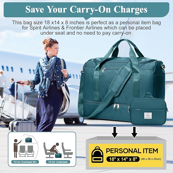 Travel Duffel Bag for Women, Carry-on Overnight Weekender Bags with Wet Pocket & Toiletry Bag, For Spirit Airlines 18x14x8 Personal Item Bag,3 Pcs Set,Small