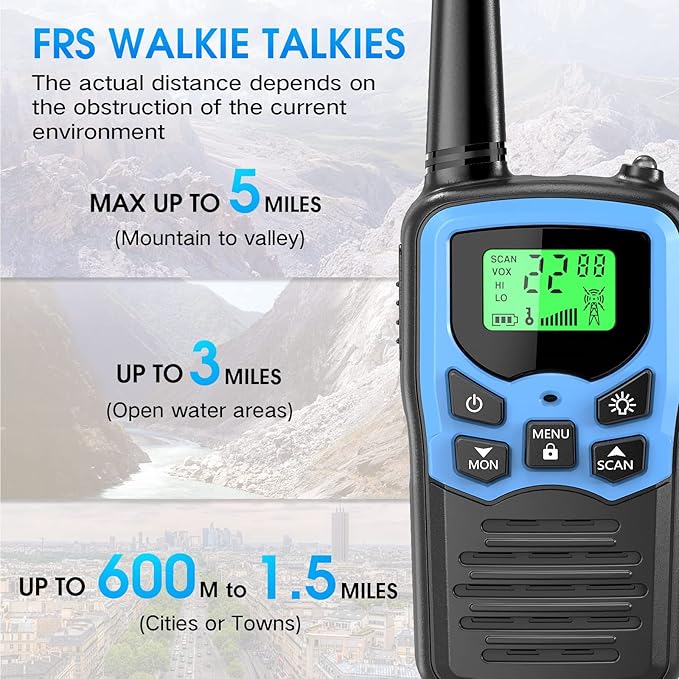 Walkie Talkies,MOICO Long Range Walkie Talkies for Adults Two-Way Radios with 22 Channels FRS VOX Scan LCD Display with LED Flashlight for Field, Survival Biking Hiking Camping 2 Pack (Blue)