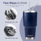 D·S 30 oz Navy Tumbler Stainless Steel Double Wall Vacuum Insulated Mug with Straw and Lid, Cleaning Brush for Cold and Hot Beverages