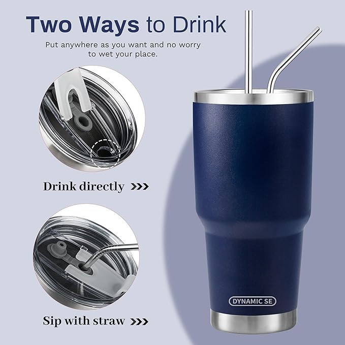 D·S 30 oz Navy Tumbler Stainless Steel Double Wall Vacuum Insulated Mug with Straw and Lid, Cleaning Brush for Cold and Hot Beverages