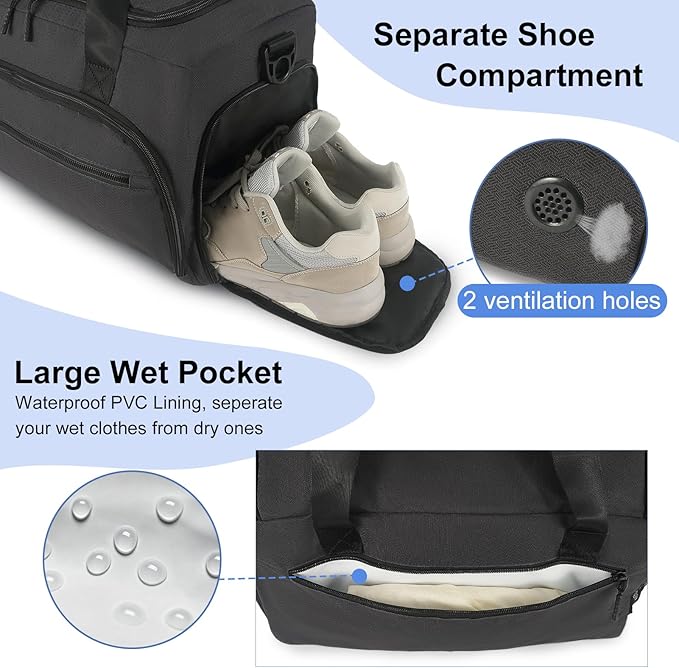Gym Bag for Men Women, Sport Duffle Bag with Wet Pocket & Shoes Compartment, Water Resistant Overnight Weekender Bag Duffel Bag