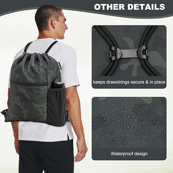 HOLYLUCK Men & Women Outdoor Sport Gym Sack Waterproof Drawstring Backpack Bag (Standard with drawstring, Black Camo)