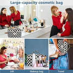 Gosect Large Makeup Bag, Cute Cosmetic Bag for Women Girls, Floral Coquette Aesthetic Toiletry Bag, Travel Make Up Organizer Bag (Black Checkered)