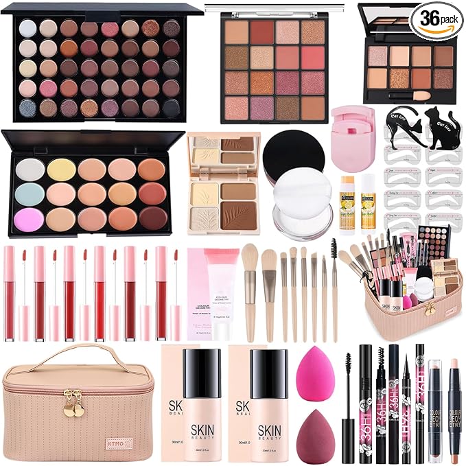 All-in-One Makeup Kit for Women Full Kit, Makeup Gift Set for Women Teens Girls, Makeup Essential Bundle Includes Eyeshadow Foundation Lipsticks Mascara Eyeliner Contour Stick Cosmetic Brush Set