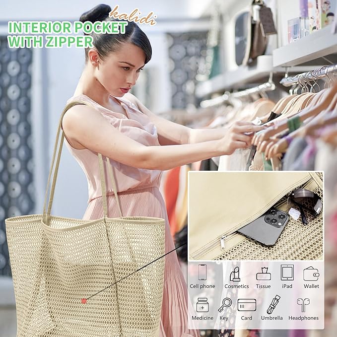KALIDI Beach Nylon Mesh Tote Bag, Casual Tote Bag Hobo Women Foldable MAX 23L Shoulder Bag For Beach Picnic Vacation