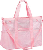 Fammart Mesh Beach Bag, Large Beach Tote with Zipper Pocket, Toys Pool Bag for Family Travel Vacation Cruise Essentials