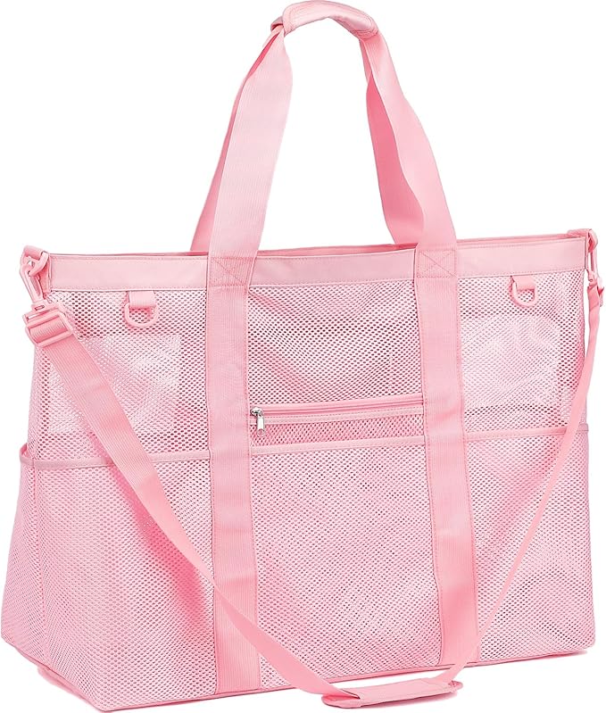 Fammart Mesh Beach Bag with Zipper, Large Beach Tote for Women, Toys Pool Swim Bag Travel Vacation Cruise Essentials