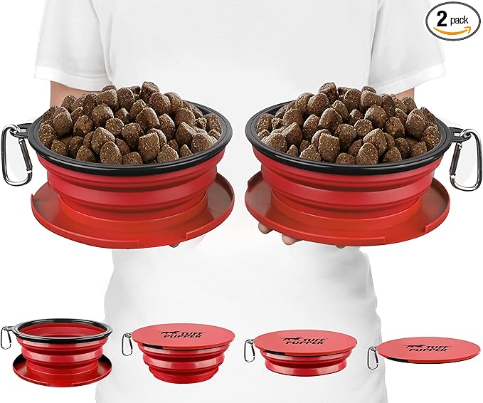 Tuff Pupper SuperBigSlurp Collapsible Dog Bowls | Two Pack Red Bowls | 40oz Extra Large Capacity | Portable, Food Safe, Odorless | Non-Toxic Silicone