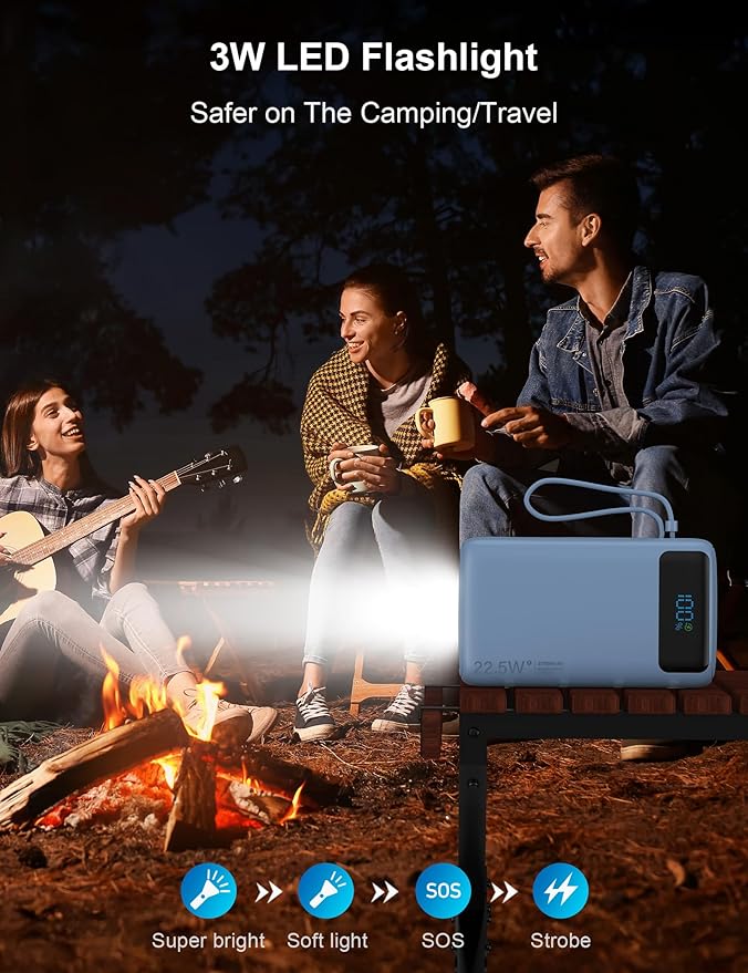 Portable Charger, 27000mAh 22.5W Fast Charging Power Bank with Built-in Cable, USB C Battery Pack with LED Display & Flash Light, Travel Essential External Battery Charger Bank for iPhone Samsung Blue
