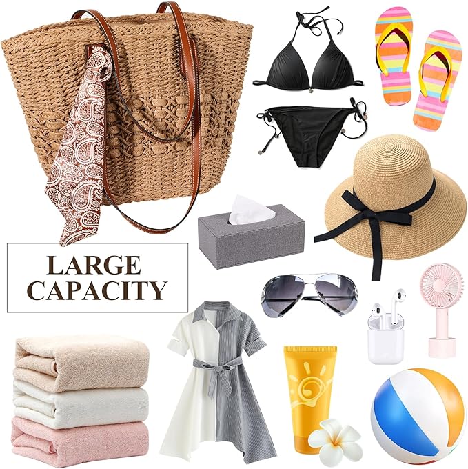 Trifabricy Beach Bags for Women, Summer Straw Bag, Woven Straw Beach Tote Bag Shoulder Handbags