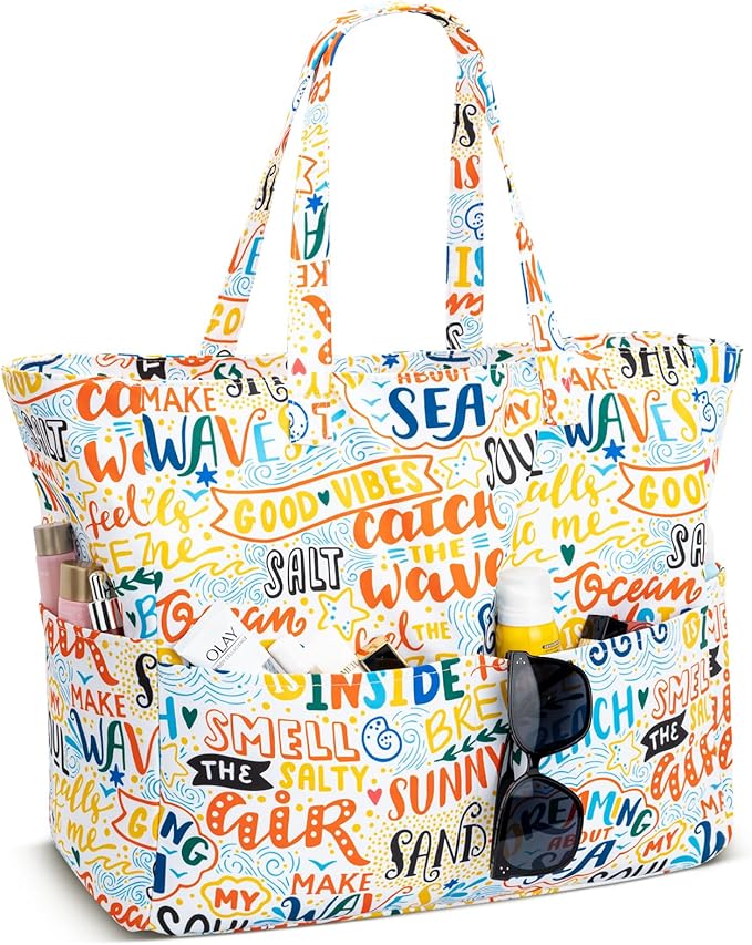 Iioscre Beach Bag for Women, Causal Hobo Pool Bags with Zipper Inner Pocket, Foldable Swim Tote Bag for Vacation Essentials