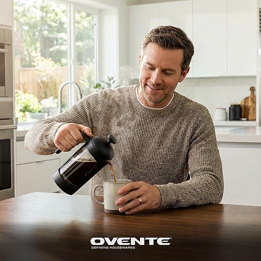 OVENTE French Press Coffee Maker 12 Ounce with Heat Resistant Borosilicate Glass & Stainless Steel 4-Level Filtration System, Portable Cold Brew Coffee Maker for Travel, Camping or Gift, Black FPB12B