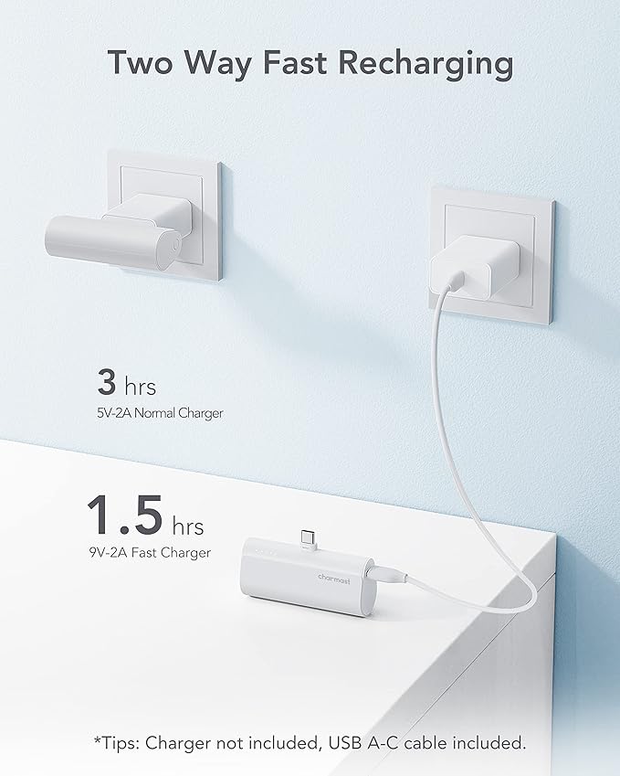 charmast Portable Charger USB C for iPhone 17/16/15, 5000mAh Fast Charging Power Bank with Built-in Type-C Connector, 20W Mini Battery Pack for iPhone 17/16/15 Series, Samsung S25/S24/S23, and More