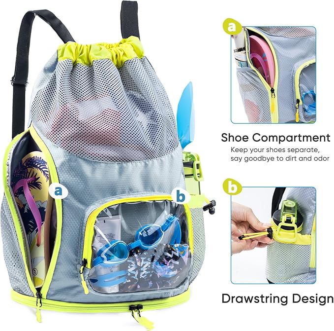 Mesh Drawstring Backpack with Shoe Compartment, Sandproof Beach Swim Bag with Wet Pocket, Pool Gym Shower Bag for Travel Summer Camp