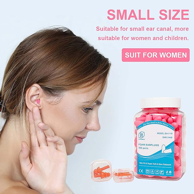 LYSIAN Slim Fit Foam Ear Plugs for Small Ear Canals, 100 Pairs 35dB SNR Noise Reduction Earplugs for Sleeping, Study, Snoring and Quiet Time, Women, Teens, Pink