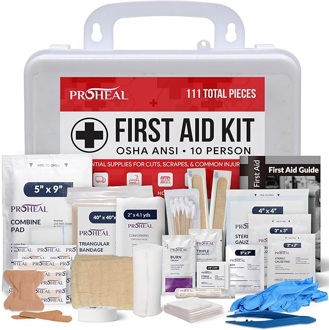 OSHA Compliant First Aid Kit - 10 Person, Type III, ANSI Class A, 111 Pieces Emergency Kit for Business, Office, Home, Vehicle, Truck, Car & Construction Site - Latex Free, Wall Mountable | ProHeal