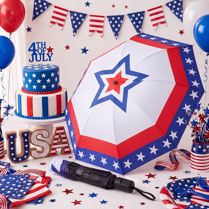 6 Pcs Patriotic American Umbrellas Red White Blue 4th of July Umbrellas with 8-Rib and Black Coating, Windproof