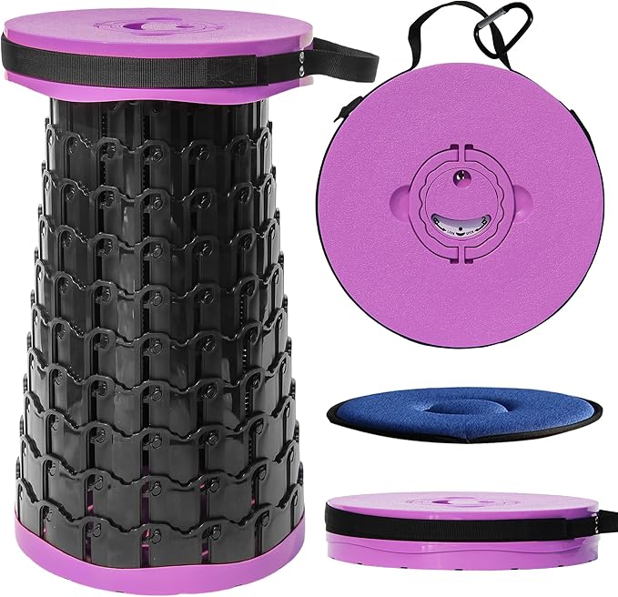 ALEVMOOM Upgraded Portable Collapsible Stool with Cushion,Telescoping Folding Stool for Adults,Yet More Sturdy Camping Stool with Load Capacity 1000lbs,for Outdoor Garden Hiking BBQ