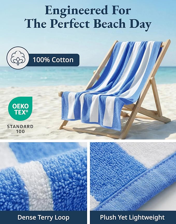 LANE LINEN Beach Towels 6 Pack - 520 GSM 100% Cotton Pool Towel for Adults – (30" x 60") Beach Towel Oversized, Thick & Highly Absorbent - Soft, Comfy & Quick Dry Cabana Stripe Large Towel - Coastline