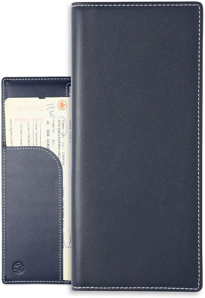 RFID Blocking Leather Passport Wallet for Travel – Slim Document Organizer with AirTag Slot, Card & Cash Holder for Men (Blue)
