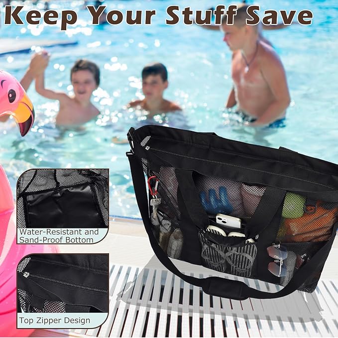 Fammart Mesh Beach Bag, Large Beach Tote with Zipper Pocket, Toys Pool Bag for Family Travel Vacation Cruise Essentials