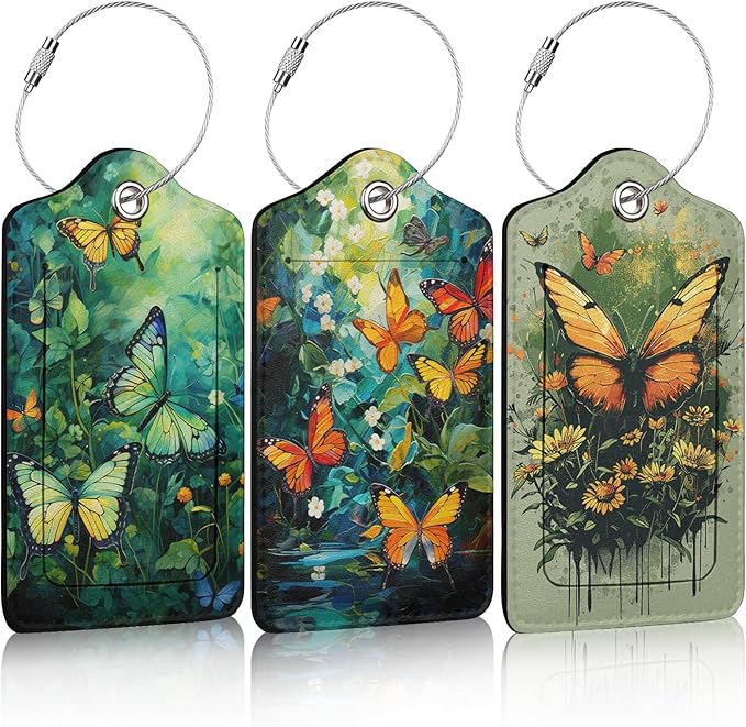 3 Pack Colorful Butterfly Leaves Luggage Tags for Suitcase Flowers PU Leather Travel Luggage Tag Privacy Cover ID Label for Women Men Baggage Backpack Handbag School Bag