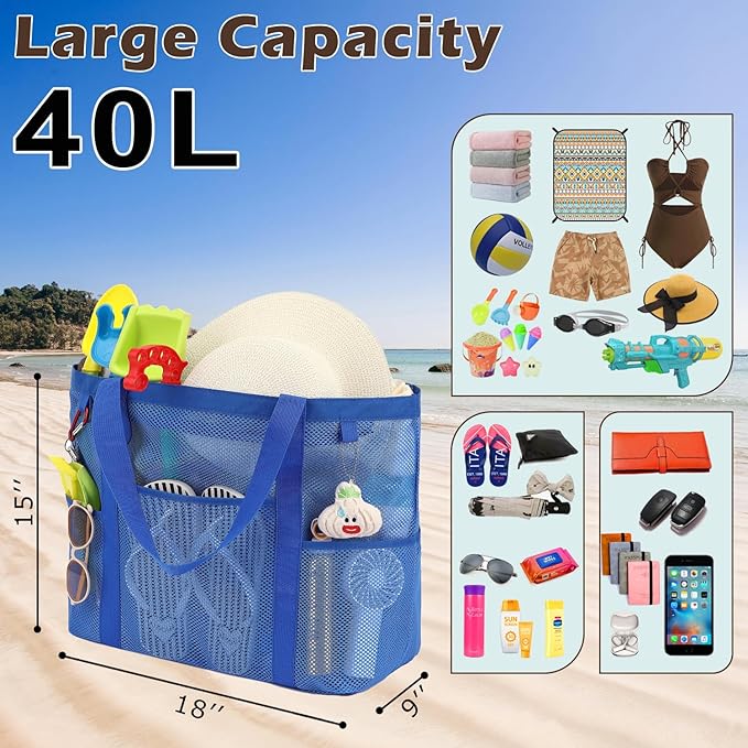 Fammart Mesh Beach Bag with Zipper, Large Beach Tote for Women, Toys Pool Swim Bag Travel Vacation Cruise Essentials