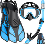 Ubekezele Snorkeling Gear for Adults Men Women,4 in 1 Snorkel Set with Panoramic View Diving Mask Anti-Fog Anti-Leak,Dry Top Snorkel,Fins and Travel Bag for Swimming,Snorkeling and Travel Diving