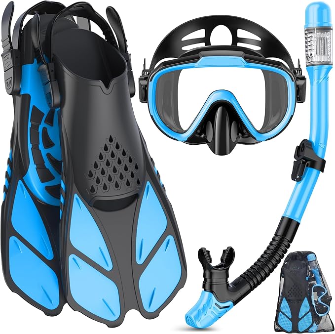 Ubekezele Snorkeling Gear for Adults Men Women,4 in 1 Snorkel Set with Panoramic View Diving Mask Anti-Fog Anti-Leak,Dry Top Snorkel,Fins and Travel Bag for Swimming,Snorkeling and Travel Diving