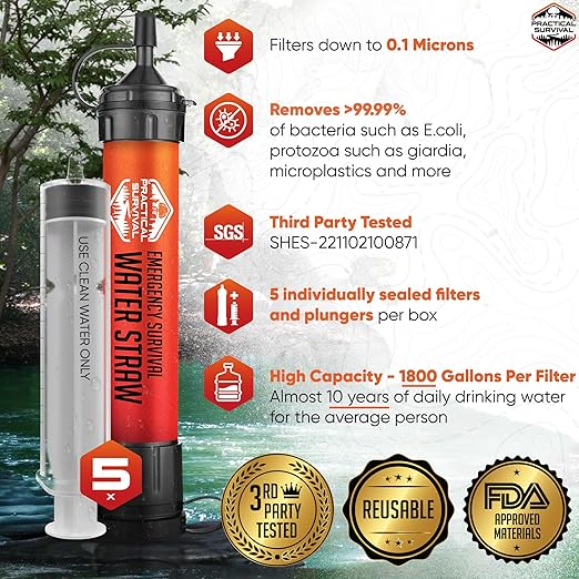 5 High-Capacity Emergency Water Straws – Lightweight, Reusable, 1800-gallon Filters for Camping, Hiking, Travel, Biking, Survival, and Emergency Preparedness - No Expiration Date - Practical Survival
