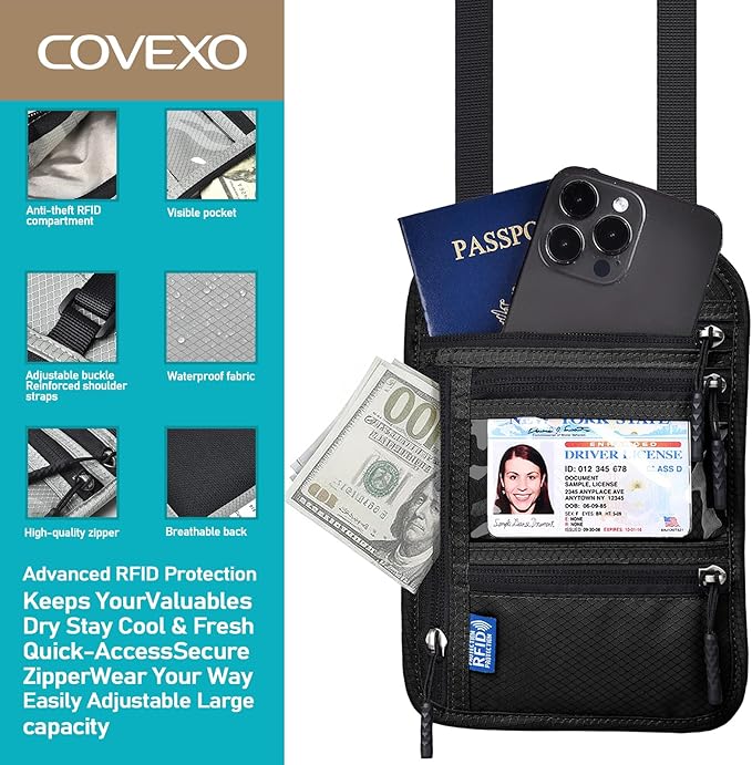 Neck Wallet for Travel, RFID Blocking Passport Holder - Slim Travel Pouch with Adjustable Strap | Holds Phone, Cards, Cash, Documents | Water-Resistant & Secure for Men & Women