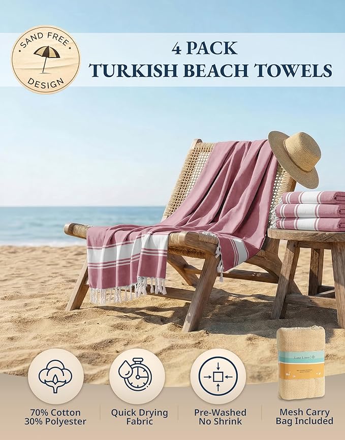 LANE LINEN Beach Towel Set of 4, Turkish Beach Towel Set, Pre-Washed Pool Towels, Quick Dry Travel Beach Towel, Extra Large Beach Towels Oversized, 39"x71" - Cashmere Rose