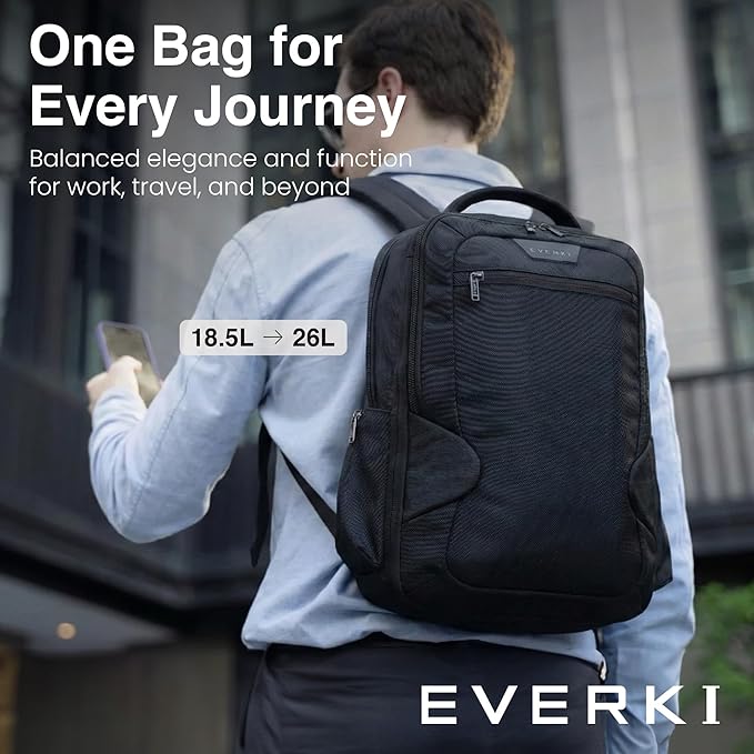 EVERKI Studio Expandable Laptop Backpack for Men & Women – Business and Travel Backpack, Carry-On Backpack for Office & Travel, Professional Backpack, 15-Inch MacBook & Laptop Bag, 26L Capacity, Black