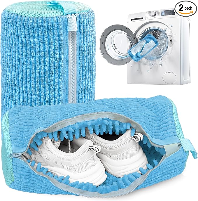 Shoe Washing Machine Bag,Laundry Shoe Bag for Washer and Dryer,Reusable Shoe Cleaning Bag for Sneakers,Tennis Shoes,With Self-locking Zipper, Microfiber Inside (Lite Blue - 2 Pack)