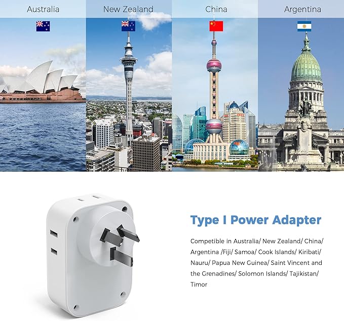 Australia Plug Adapter, TESSAN New Zealand Power Adapter with 4 Outlets 3 USB Charging Ports (1 USB C PD 20W), Type I Travel Plug for US to New Zealand China Argentina Fiji AU, 2 Pack