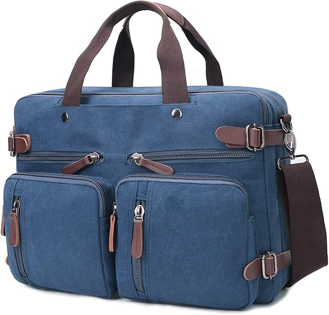 CROCOD 3 In 1 Canvas Convertible Laptop Bag for Men Women, 17.3 inch Laptop Messenger Bag Work Briefcase, Computer Shoulder Bag for Travel Business Office (17.3 Inch, Blue) | 3 In 1, Multi-pocket