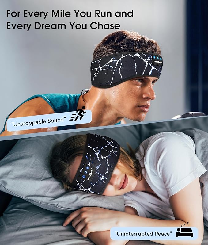 MUSICOZY Sleep Headphones Bluetooth 5.4 Headband, Wireless Earphones Music Sleep Earbuds Sleeping Eye Mask with HD Stereo Speakers for Workout Running Travel Yoga, Ideal Gifts (Marbling Black)