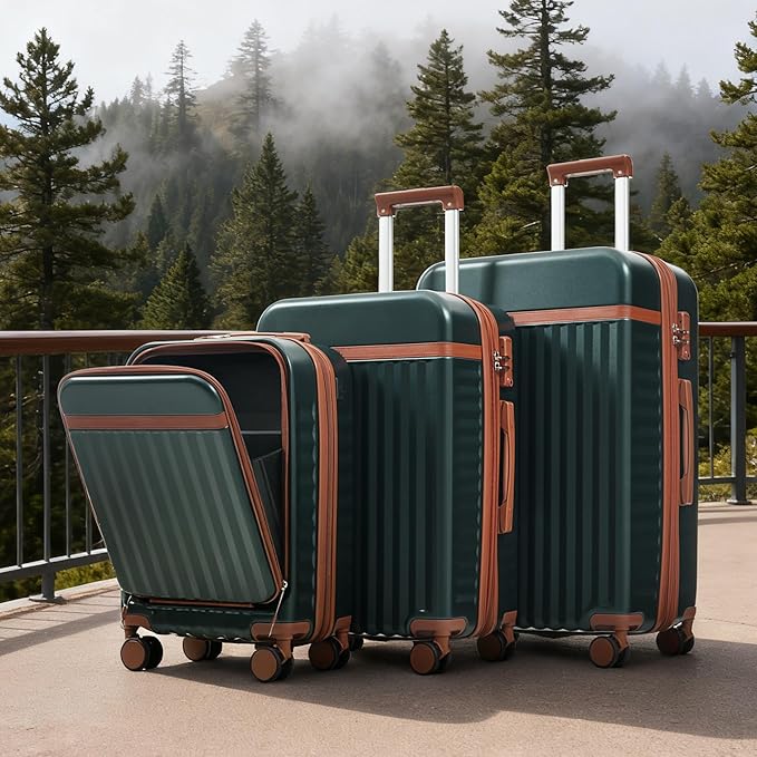 Merax 3 Piece Luggage Set ABS Hardside Suitcase Sets with Spinner Wheels and TSA Lock, 20 inch with Front Opening Design and USB Port, 20" Airline Certified Carry-on Luggage, 20" 24" 28", Dark Green